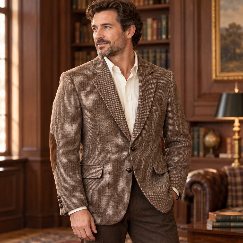 Vintage Bachrach Houndstooth Wool Blazer Mens 40R Brown Suede Elbow Patches